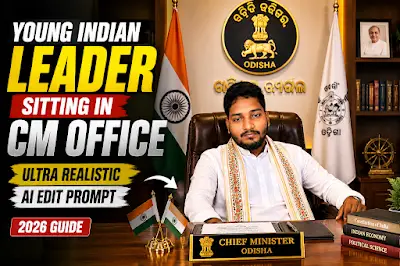 Young Indian Leader Sitting in CM Office AI Edit Prompt