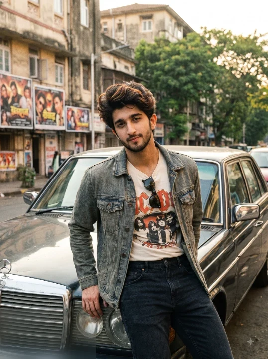 Indian man in authentic late 1980s analog film style 80s photo prompt wearing a washed denim jacket over an AC DC graphic tee leaning against a classic Mercedes W123