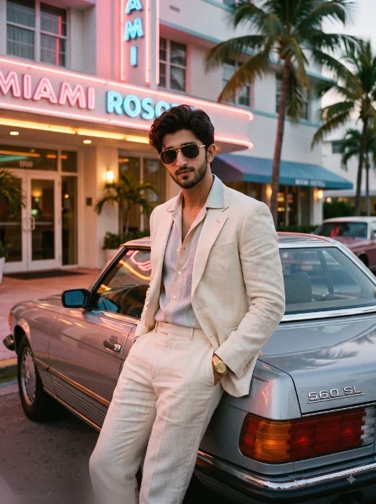 Luxury Miami 1980s AI photo prompt of a stylish man in cream linen suit standing beside a silver vintage sports car outside a neon lit hotel at evening