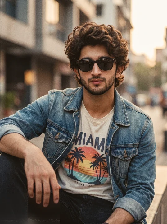 AI generated 80s look prompt showing a man with curly voluminous hair in a Miami graphic tee and denim jacket sitting outdoors in warm golden light