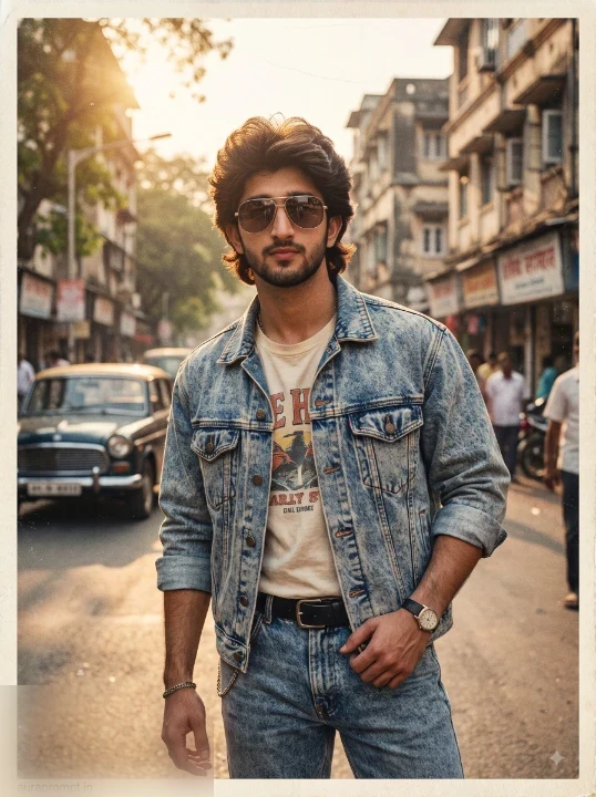 Double denim 1980s street fashion AI photo prompt of a man in stone washed acid washed trucker jacket and high waisted jeans with huge feathered hair in Indian outdoor setting