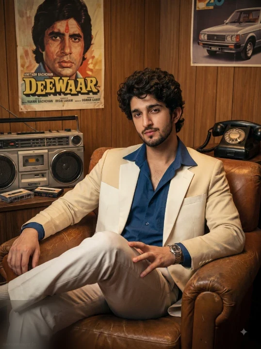 Retro 1980s Bollywood portrait AI photo prompt of a man in cream blazer and black rectangular sunglasses seated in a vintage leather armchair with old film grain