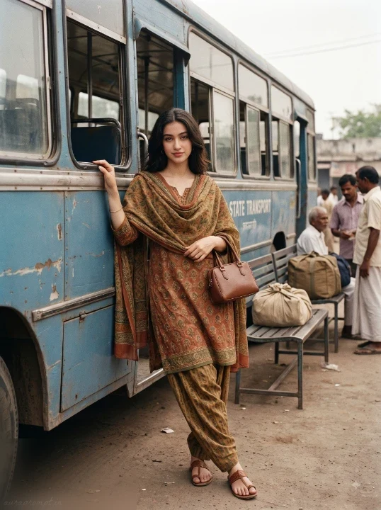 Retro AI photo editing prompt of a woman in a printed salwar suit leaning against a vintage bus window at an authentic 1987 Indian bus station