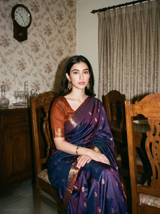 80s style photo prompt showing a woman in an elegant silk saree seated on a carved wooden chair inside a classic Indian dining room