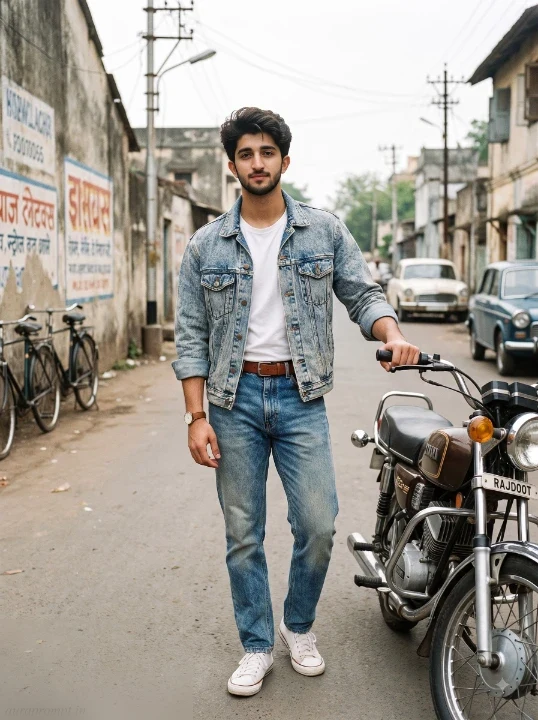 1980s vintage photo prompt showing a boy in an acid wash denim jacket standing beside a period correct motorcycle on a quiet Indian street