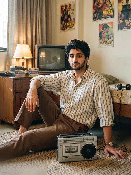 Retro AI photo editing prompt of a boy in an oversized striped shirt sitting on a rug beside a cassette player in a warm 1986 bedroom
