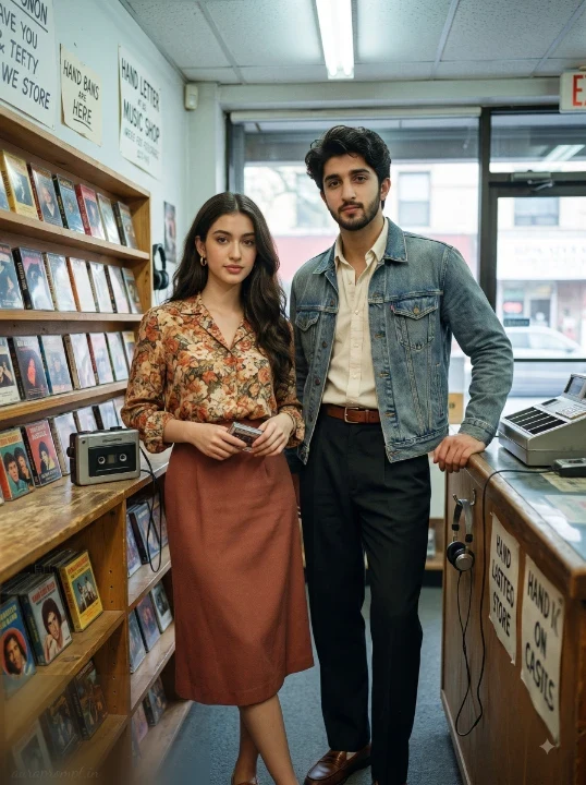 ChatGPT 80s photo prompt showing a couple standing shoulder to shoulder inside a small cassette music shop with wooden shelves and analog equipment