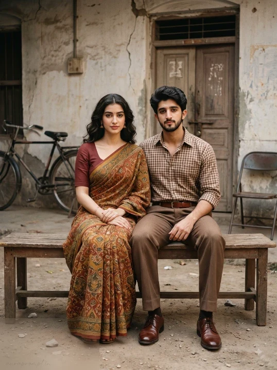 Instagram retro photo prompt of an Indian couple seated together on a wooden bench in a nostalgic 1988 courtyard with an old bicycle and wooden door