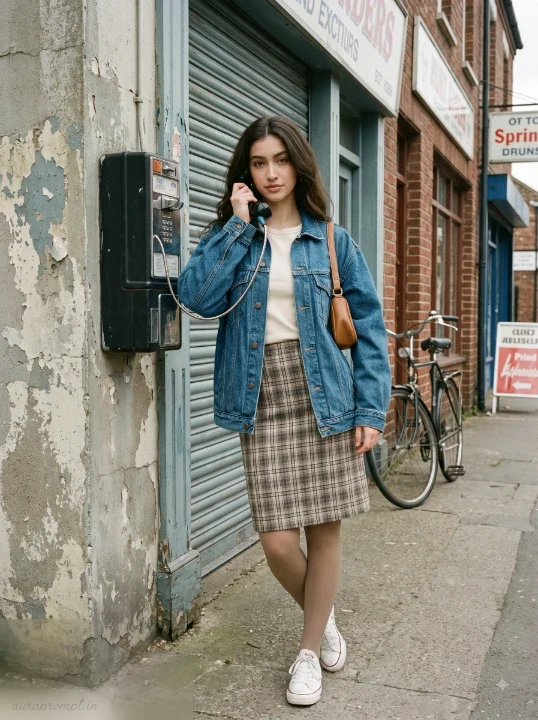 Vintage AI portrait prompt of a girl in an oversized denim jacket holding a public telephone receiver on an old urban shopping street in 1988
