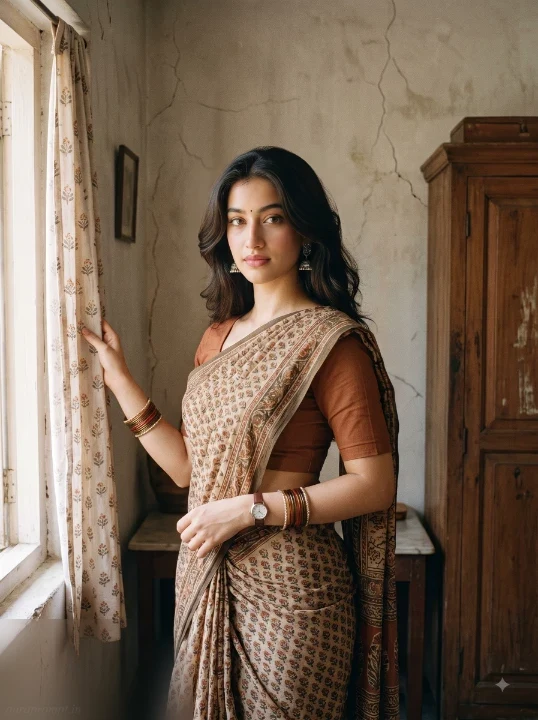 1980s vintage photo prompt of a girl in a printed cotton saree standing beside an old wooden window inside a nostalgic Indian home