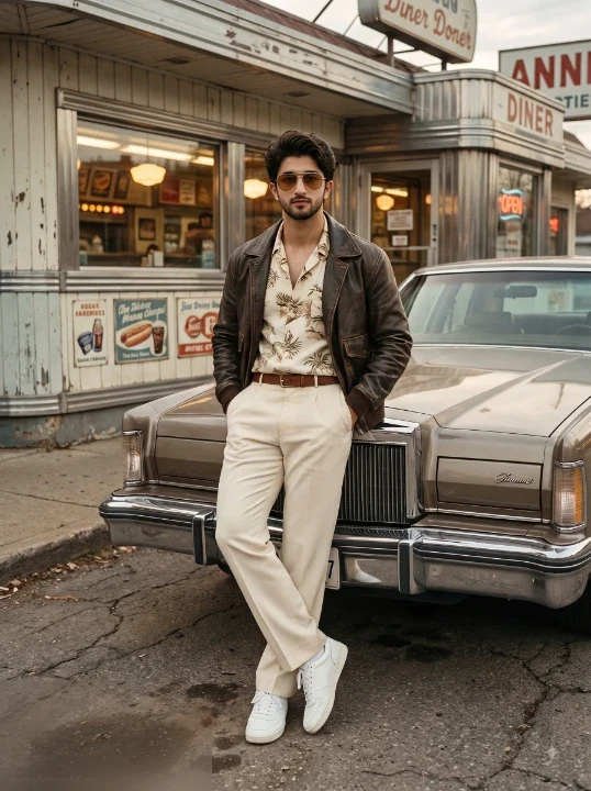 80s retro AI photo editing prompt of a man in a cream tropical shirt and dark brown leather jacket beside a glossy black vintage American sedan at a roadside diner