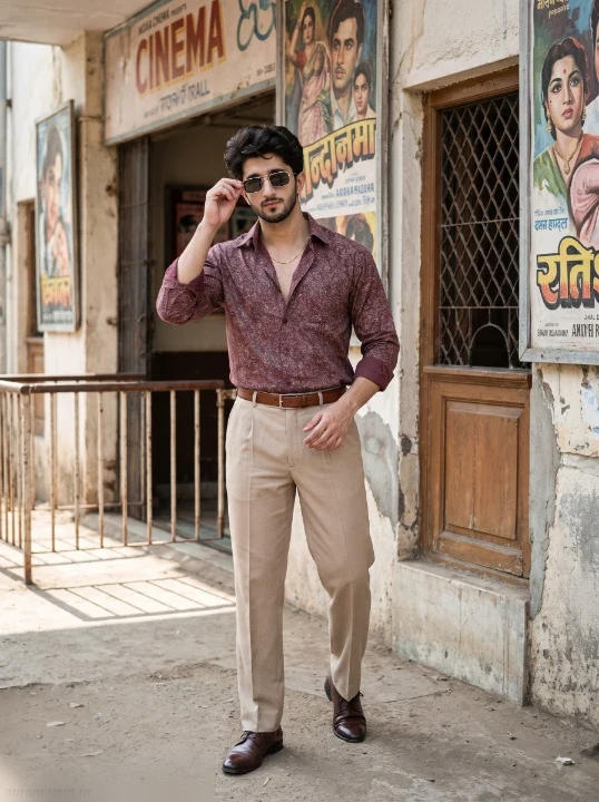 80s look AI photo editing prompt of a man in a printed burgundy shirt standing confidently outside an old Indian cinema entrance