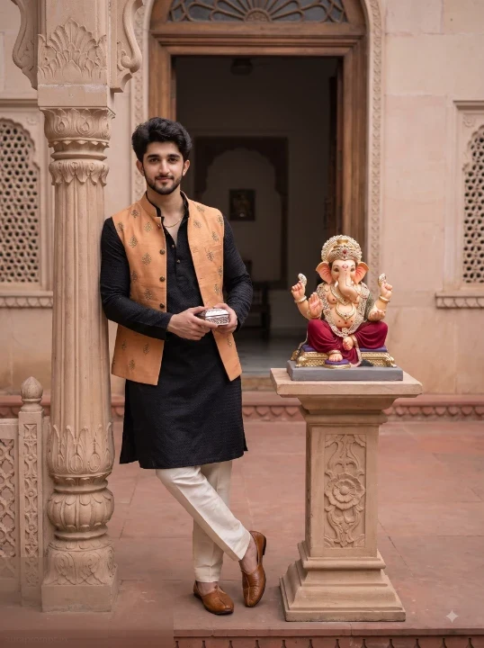 Ganesh Chaturthi ChatGPT photo prompt boy in black textured kurta and saffron jacket leaning against stone pillar in heritage courtyard with Ganpati