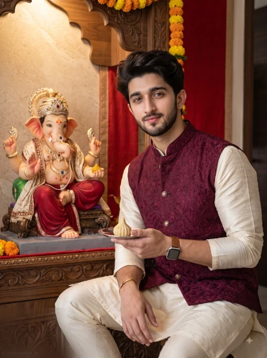 Ganesh Chaturthi AI photo prompt boy in ivory silk kurta and wine Nehru jacket seated beside decorated Ganpati idol at home altar