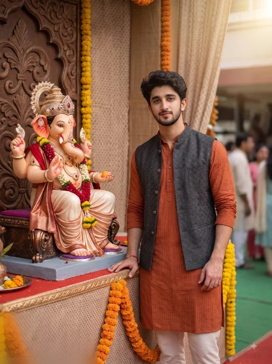 Ganpati Bappa photo editing prompt young Indian man in burnt orange kurta standing at festival pandal entrance with Lord Ganesha