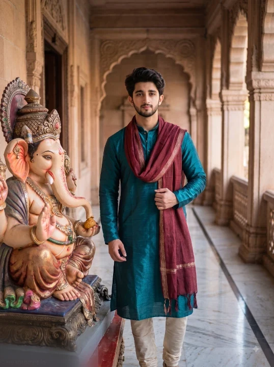 Ganesh Chaturthi Gemini prompt for boys in deep teal silk kurta with maroon stole standing inside heritage temple corridor beside Ganesha idol