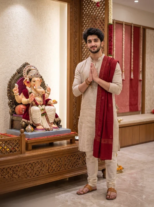 Ganesh Chaturthi boy photo prompt in beige linen kurta and crimson shawl doing Namaste beside Lord Ganesha inside community prayer hall