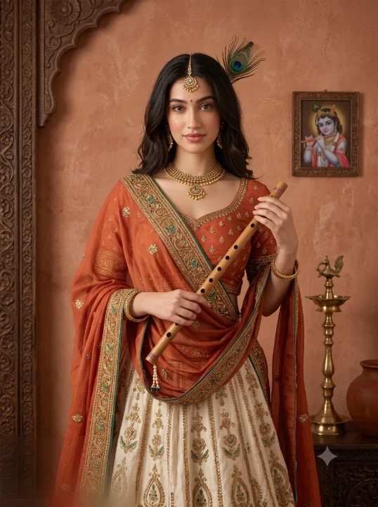 Vrindavan girl AI photo in warm persimmon lehenga with peacock feather detail standing beside terracotta plaster bedroom wall
