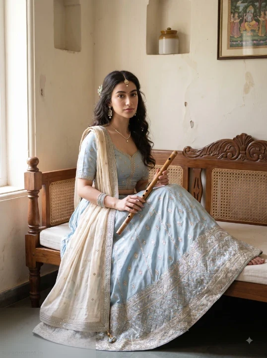 Krishna Janmashtami Gemini prompt Indian girl in powder blue lehenga seated on wooden daybed with pearl jewelry and flute