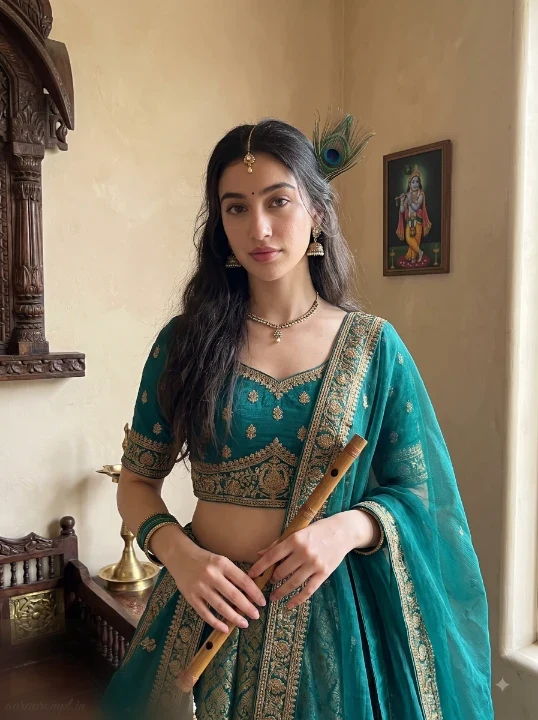 Janmashtami AI photo prompt girl in peacock green lehenga holding wooden flute against warm beige Vrindavan bedroom wall