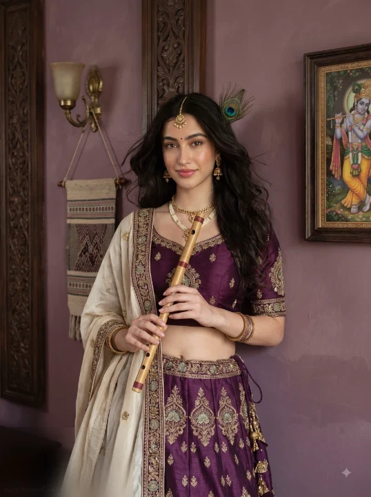Flute portrait prompt girl in deep plum lehenga with antique gold embroidery standing beside carved wooden heritage wall