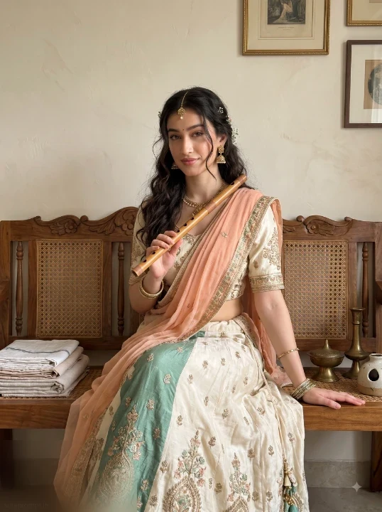 Radha Krishna inspired AI portrait Indian girl in cream jade green lehenga seated on traditional bench with devotional bedroom background