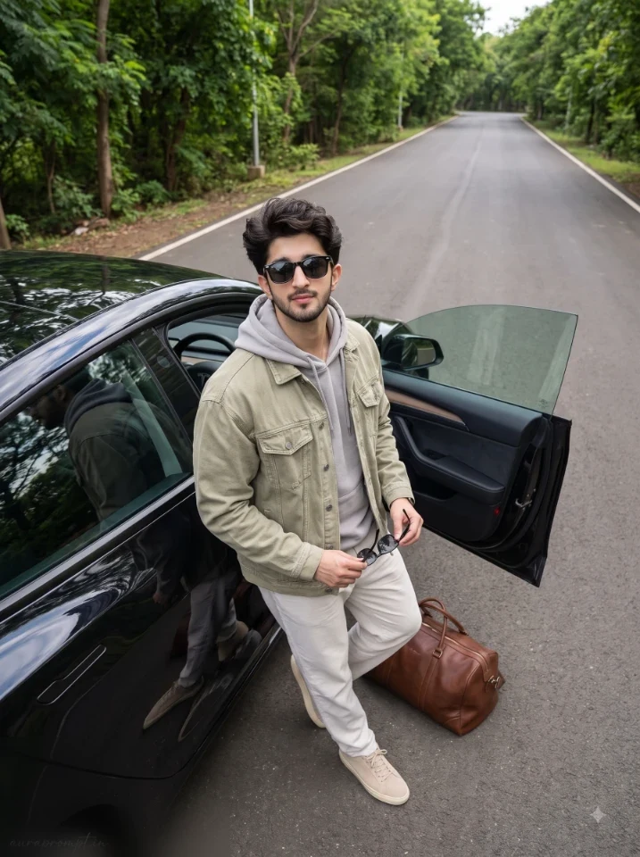 Man in olive denim jacket stepping out of a sleek black electric car on a quiet road surrounded by greenery in a luxury automotive AI portrait prompt for men