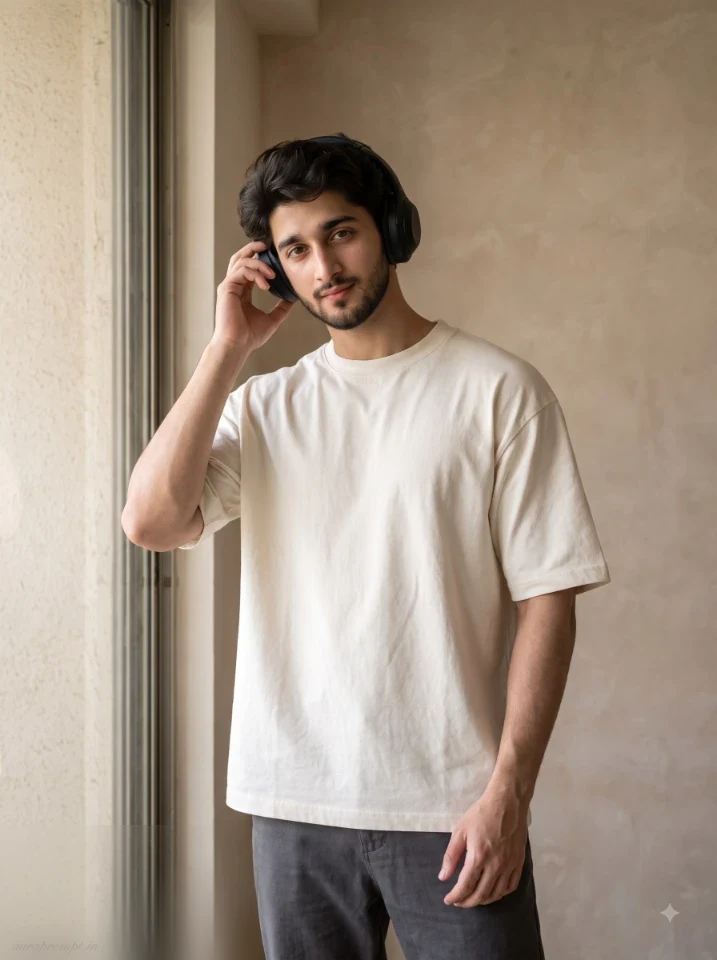 Man in ivory oversized T shirt and black headphones near a large apartment window in a calm everyday AI portrait prompt for men