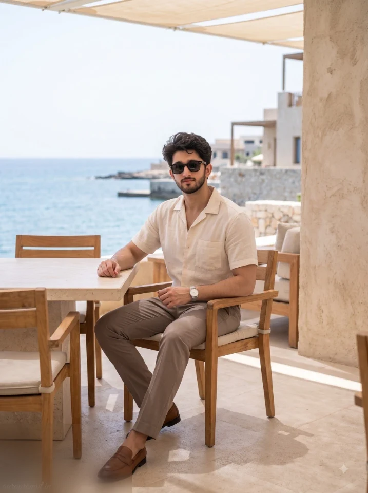 Man in cream linen shirt seated at an outdoor Mediterranean terrace table looking directly at camera in a quiet luxury AI portrait for men