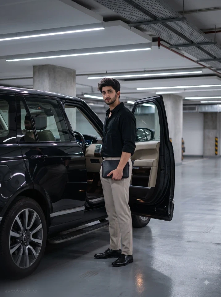 Man in black relaxed shirt standing beside an open luxury SUV door inside a clean underground parking structure in a cinematic AI photo prompt for men