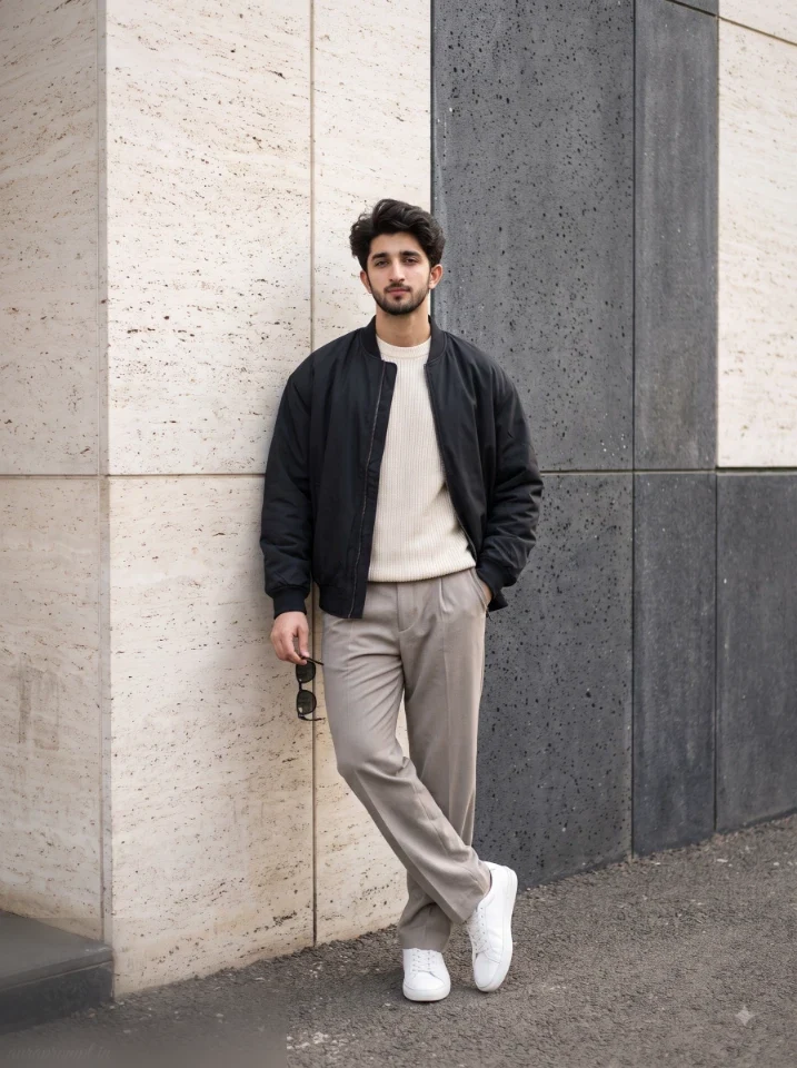 Man in black bomber jacket and cream knit sweater posing full body beside a pale textured concrete wall in a minimalist men's AI portrait