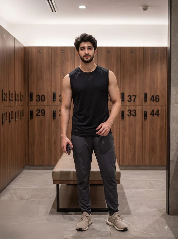 Man in black sleeveless athletic top standing in front of walnut gym lockers holding a smartphone in an athletic AI portrait prompt for men
