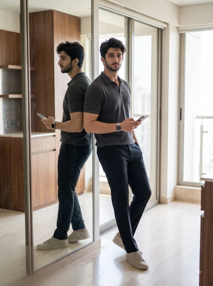 Man in charcoal knit polo standing beside a full length mirror inside a modern walnut apartment interior for a luxury AI portrait prompt for men