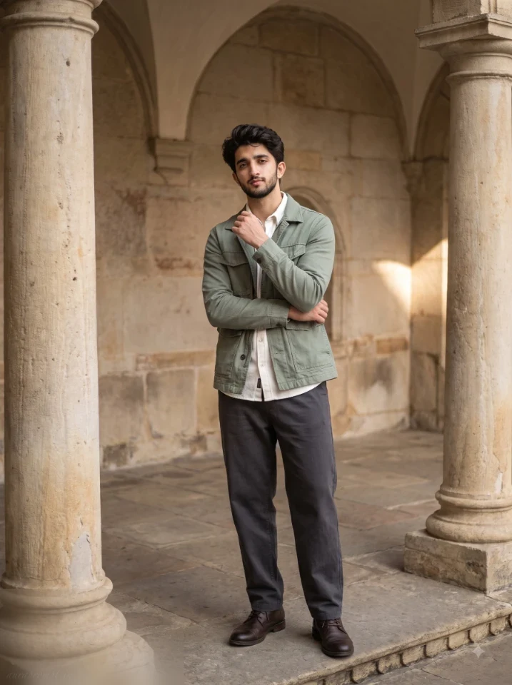 Man in muted sage utility jacket standing between stone columns of a historic arcade in a heritage fashion AI portrait prompt for men