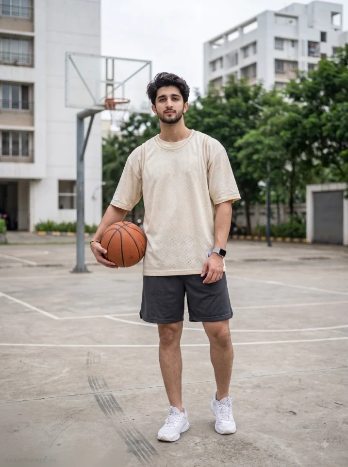 Man in cream basketball jersey holding a ball beside an urban outdoor court hoop in a street sport AI photo prompt for men