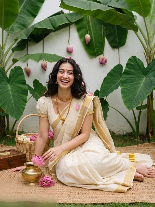 Onam AI photo editing prompt woman laughing on jute mat cream kasavu saree banana leaf lotus wall garden setting