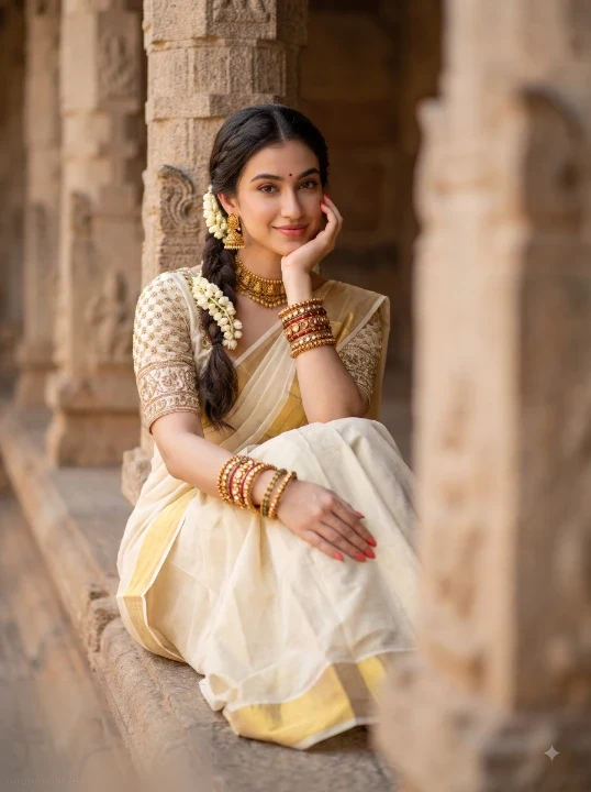 Kasavu saree photo editing prompt woman seated sandstone temple pillar ivory saree jasmine braid bangles chin on hand pose