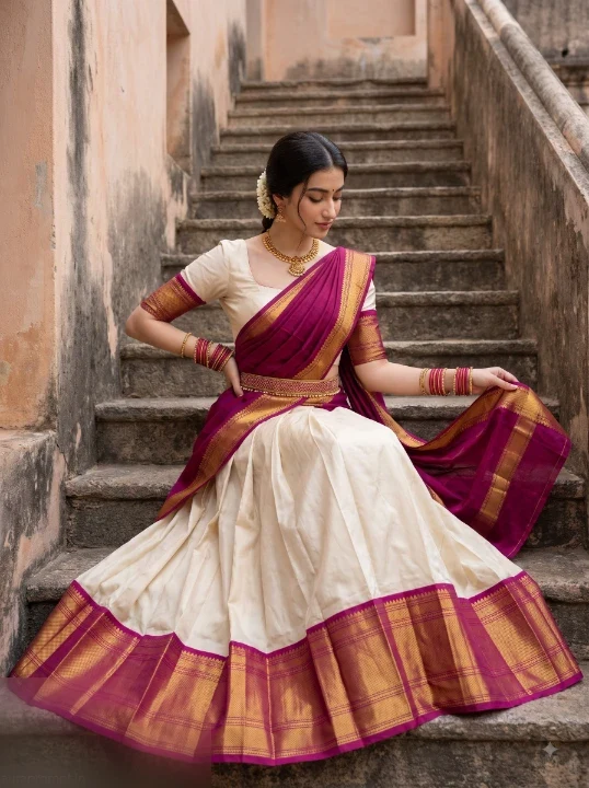 Kerala traditional saree portrait woman seated heritage stone stairs cream magenta gold half saree skirt spread fashion lookbook