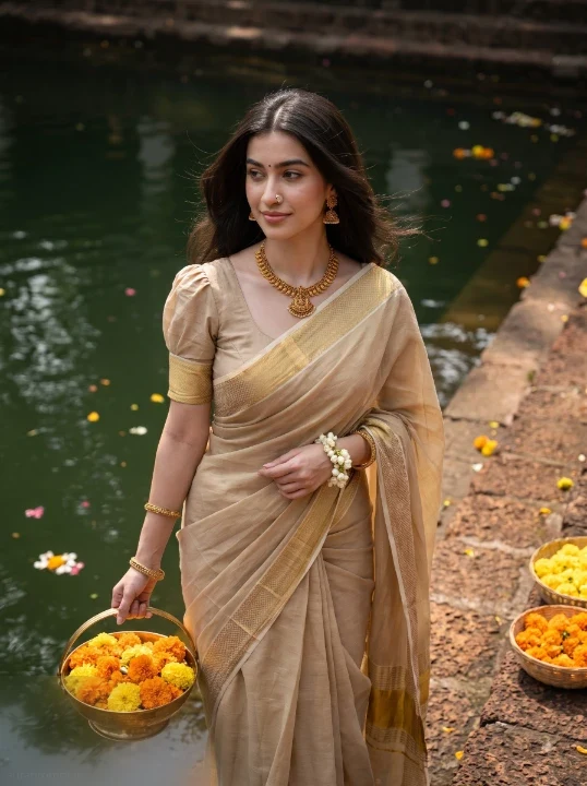 Onam kasavu saree AI prompt woman in beige gold Kerala saree walking temple pond steps holding marigold basket