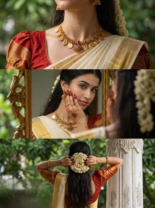 Kerala saree gemini prompt three panel triptych editorial cream kasavu red blouse antique gold necklace outdoor Kerala porch