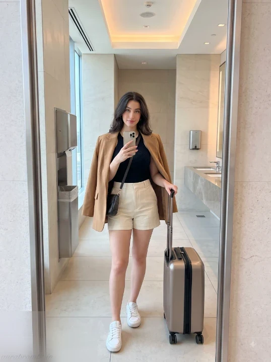Woman in camel oversized blazer and black ribbed tank standing in front of large airport mirror holding smartphone using airport selfie AI prompt