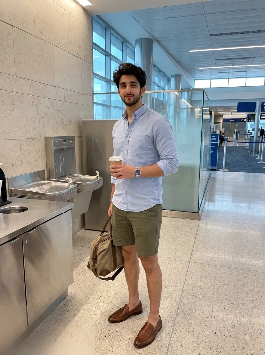 Man in light blue rolled sleeve button shirt holding paper cup at clean airport refreshment counter with canvas travel bag using Gemini airport photo prompt for boys