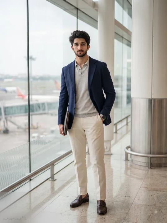 Man in navy suit jacket and cream trousers standing near large airport glass wall with runway visible in background using Gemini AI photo prompts for boys