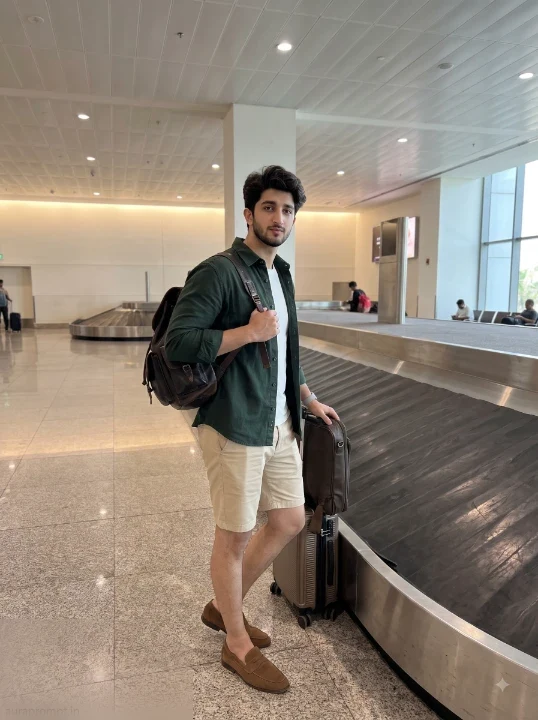 Man in dark green overshirt and beige chino shorts standing beside baggage carousel with vintage leather backpack using AI travel photo prompts for boys