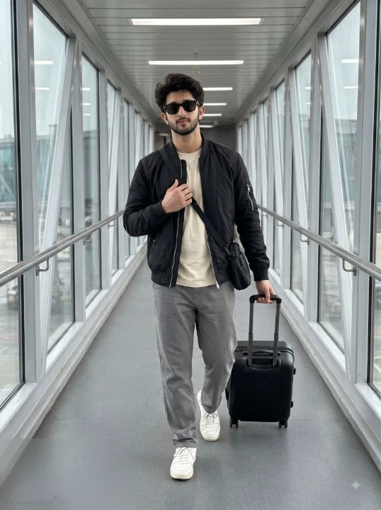 Man in black bomber jacket and cream T-shirt walking through modern enclosed airport jet bridge pulling rolling suitcase using trending airport photo prompts