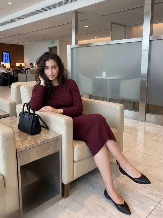 Girl in burgundy long sleeve knit dress relaxing in cream lounge chair inside premium airport lounge with marble side tables using realistic airport portrait prompt