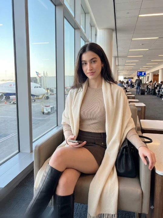 Girl in beige knit top and dark brown mini skirt seated beside large terminal window with aircraft visible outside using Gemini airport photo prompt