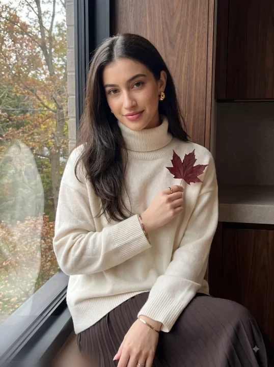 Girl in ivory cashmere turtleneck holding burgundy maple leaf beside café window with autumn trees outside, AI autumn portrait editing result