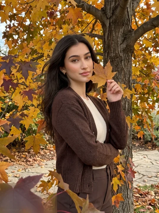 Girl in chocolate brown cardigan and cream top holding maple leaf beside a colorful autumn tree, ChatGPT girl photo editing prompt result