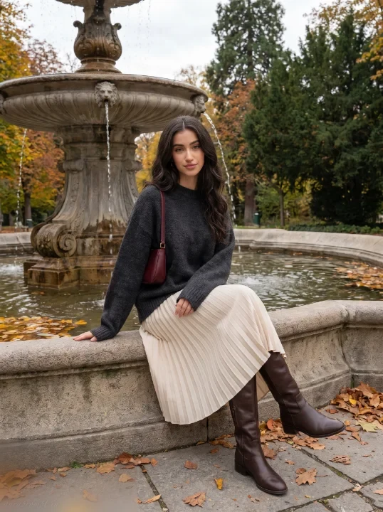 Girl in oversized charcoal sweater and cream midi skirt sitting on stone fountain edge surrounded by autumn foliage, Pinterest autumn portrait prompt